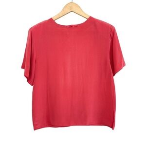 Jennifer Moore Coral Pink 100% Silk Short Sleeve Crew Neck Button Back Top M
